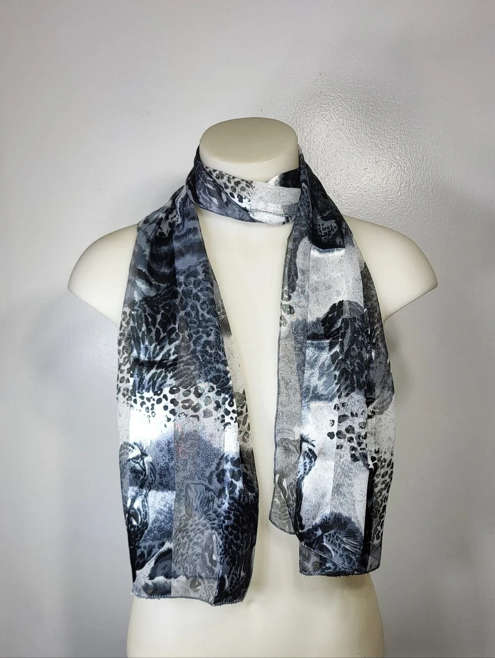 Silk Feel Sheer Black and White Animal Print Lightweight Scarf 13